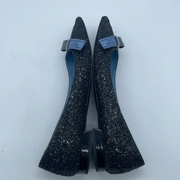 Prada Black Glitter leather bow logo embellished pointed toe ballet flats 38.5 - Picture 6 of 11